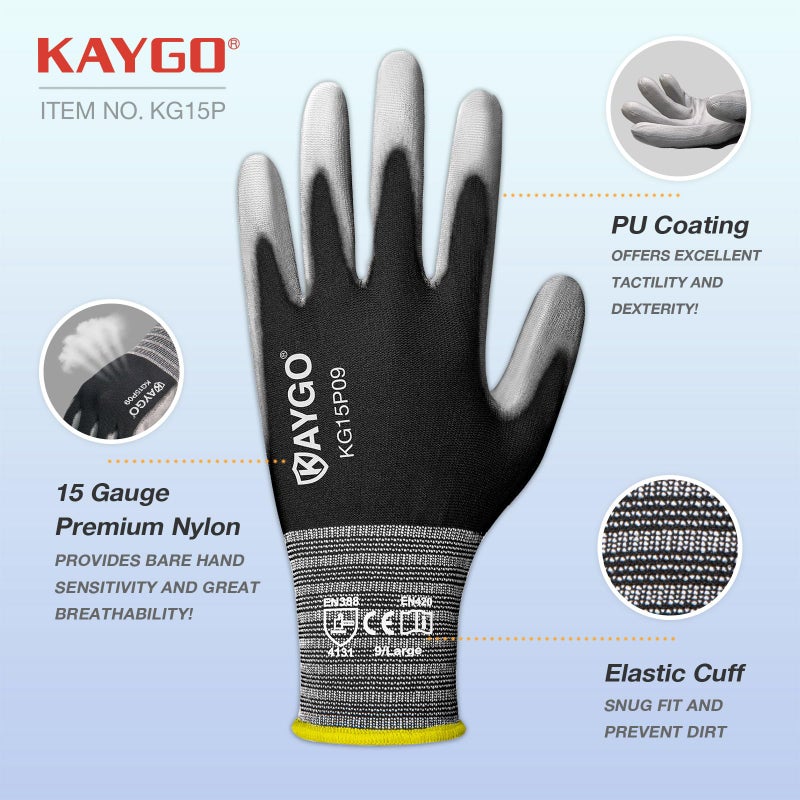 KAYGO Work Gloves PU Coated 12 Pairs, KG15P,Nylon Liner with Flexible Polyurethane Coating,Safety Work Gloves for DIY, Assembly, Warehouse, Light Duty Work (Small, Black) - Image 2